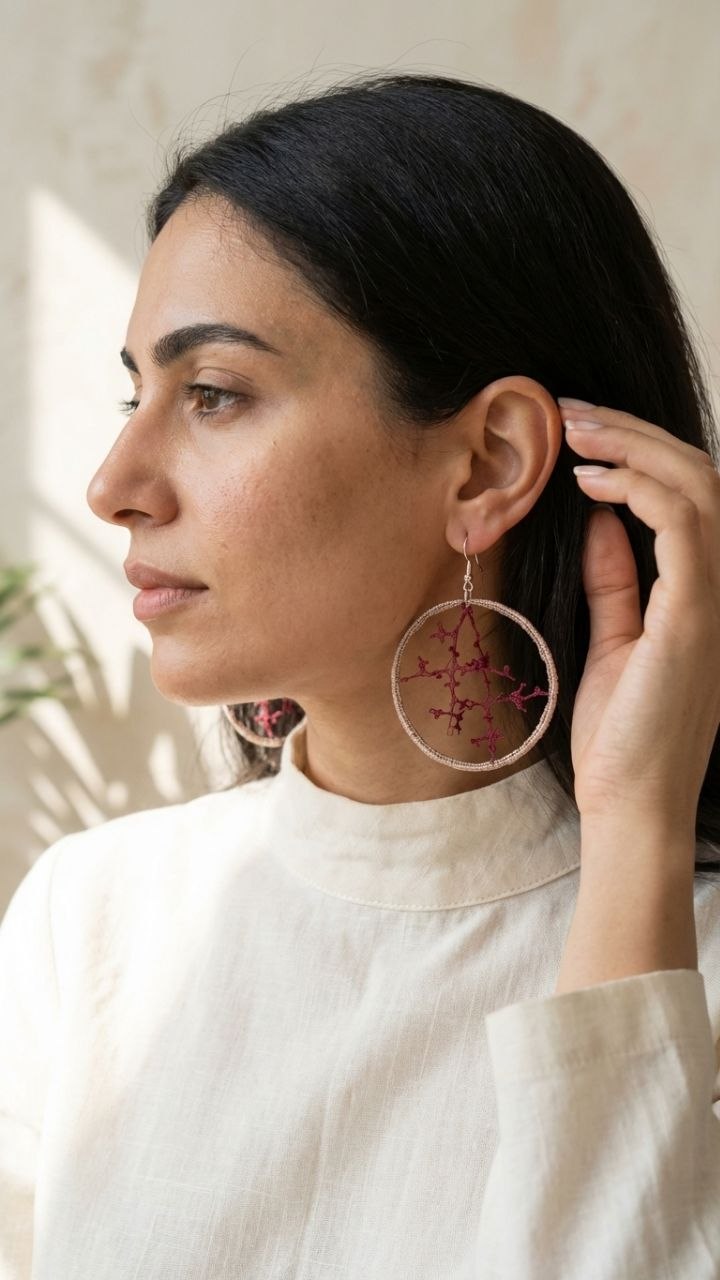 Red Crochet Hoop Earrings with Metallic Frame | Handmade Jewelry Armenia