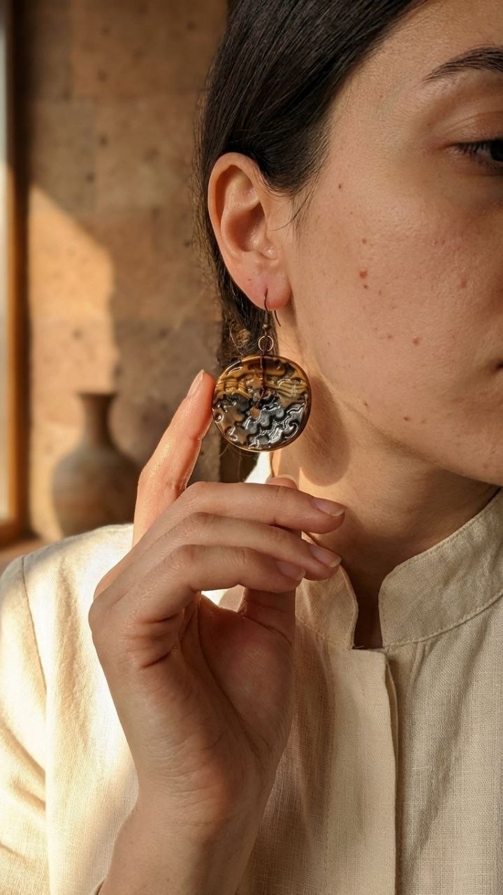 Bronze Hoop Earrings with Black & Gold Swirl Detail | Handmade Statement Earrings Armenia