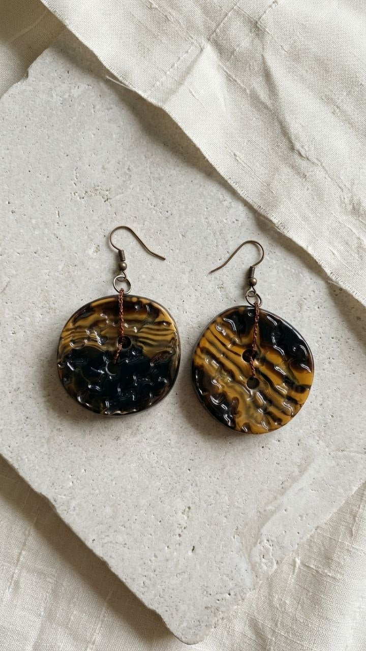 Bronze Hoop Earrings with Black & Gold Swirl Detail | Handmade Statement Earrings Armenia