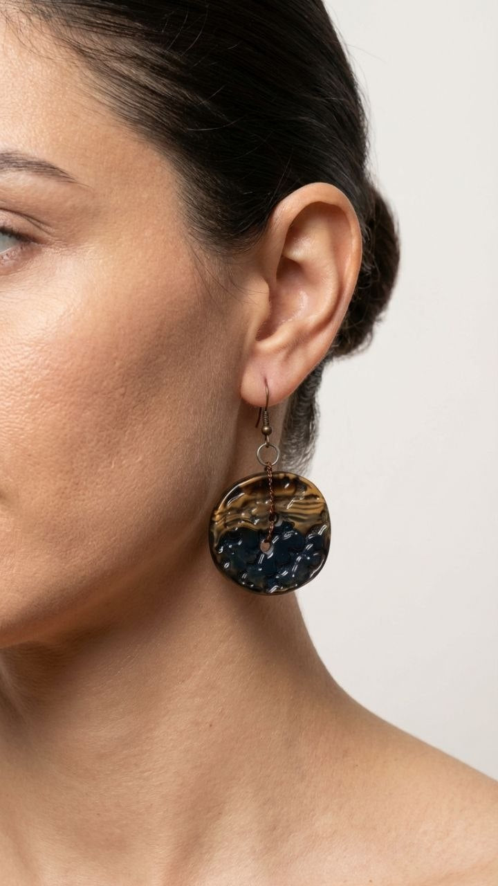 Bronze Hoop Earrings with Black & Gold Swirl Detail | Handmade Statement Earrings Armenia
