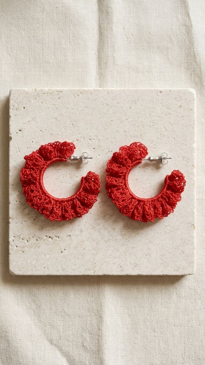 Handmade Red Crochet Lace Hoop Earrings | Statement Jewelry Armenia
