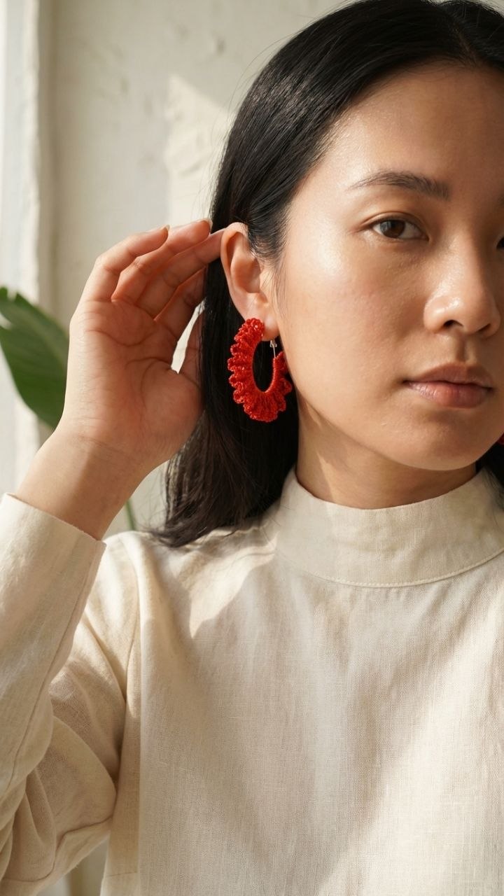 Handmade Red Crochet Lace Hoop Earrings | Statement Jewelry Armenia