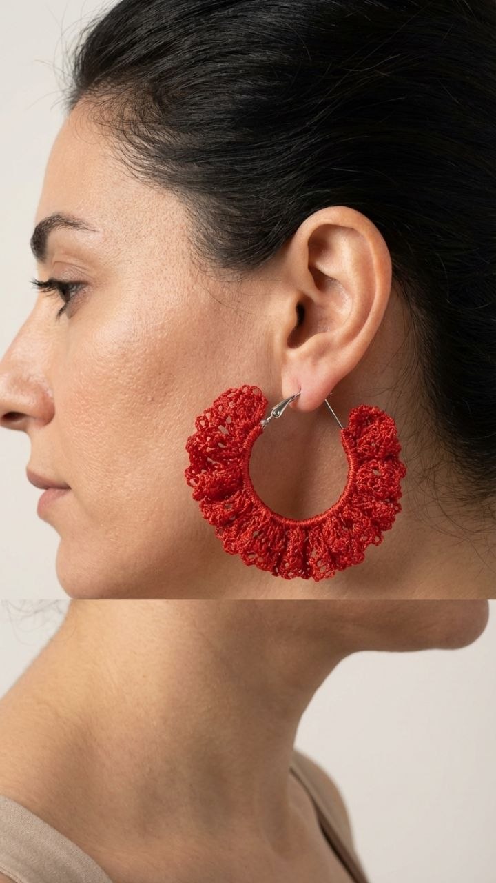Handmade Red Crochet Lace Hoop Earrings | Statement Jewelry Armenia