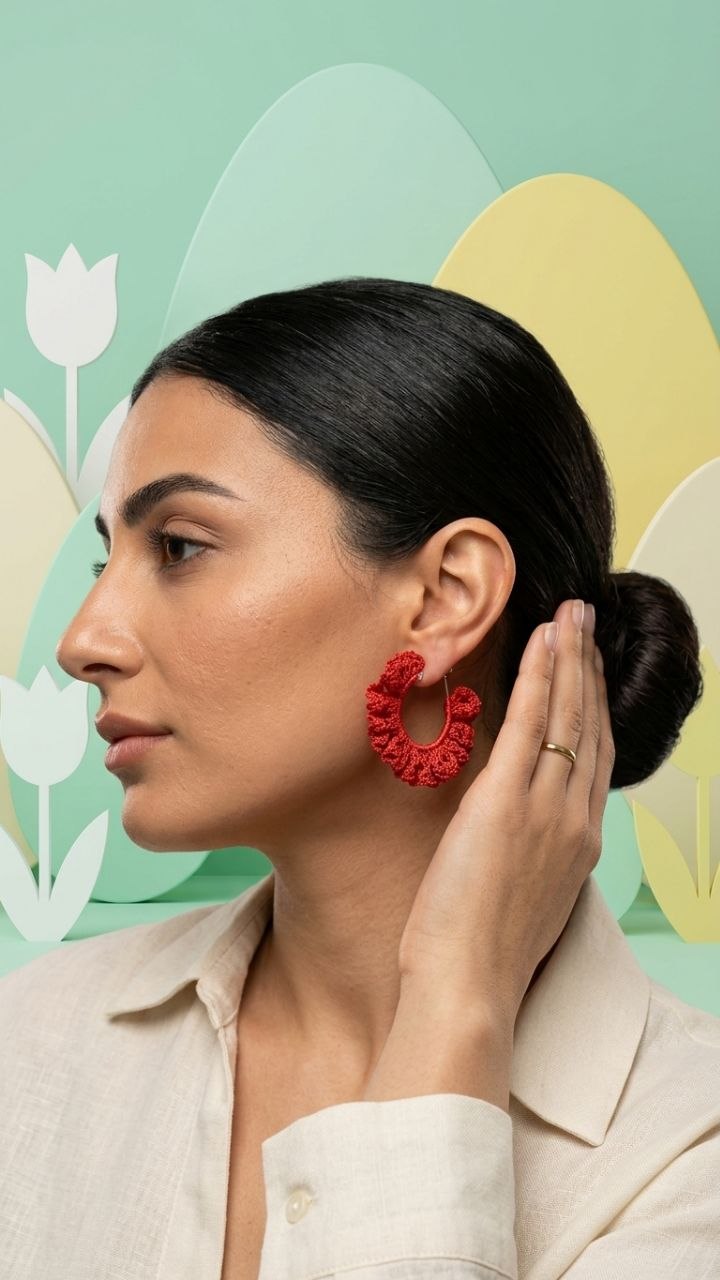 Handmade Red Crochet Lace Hoop Earrings | Statement Jewelry Armenia