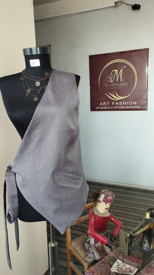 Gray Asymmetric Obi Belt Vest – Structured Layering Piece | Armenia