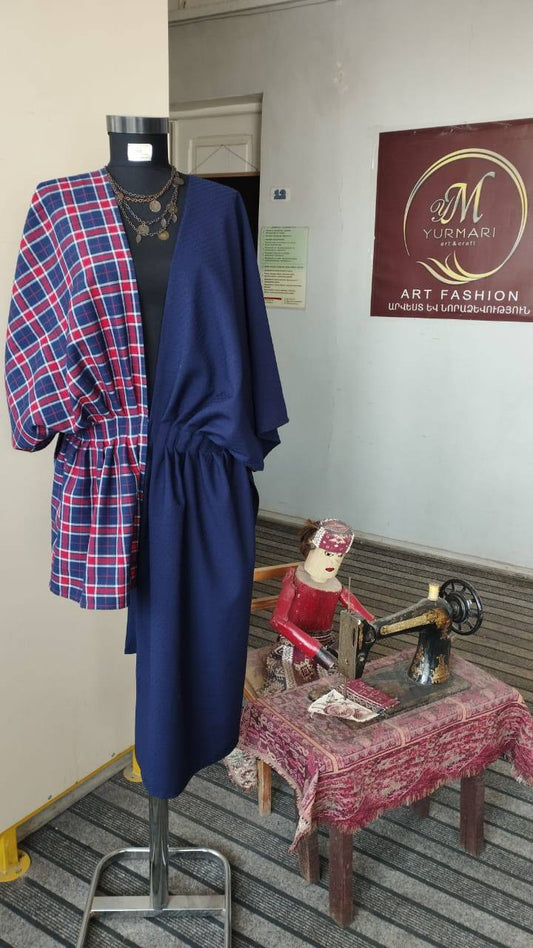 Navy and Red Plaid Kimono with Ruffled Sleeves | Armenia