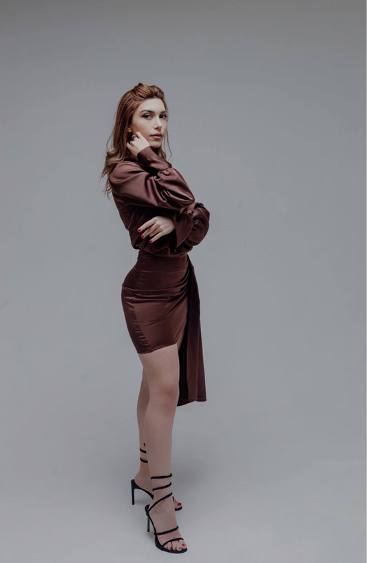 Brown Satin Off-Shoulder Shirt Dress | Draped Mini Dress Armenia
