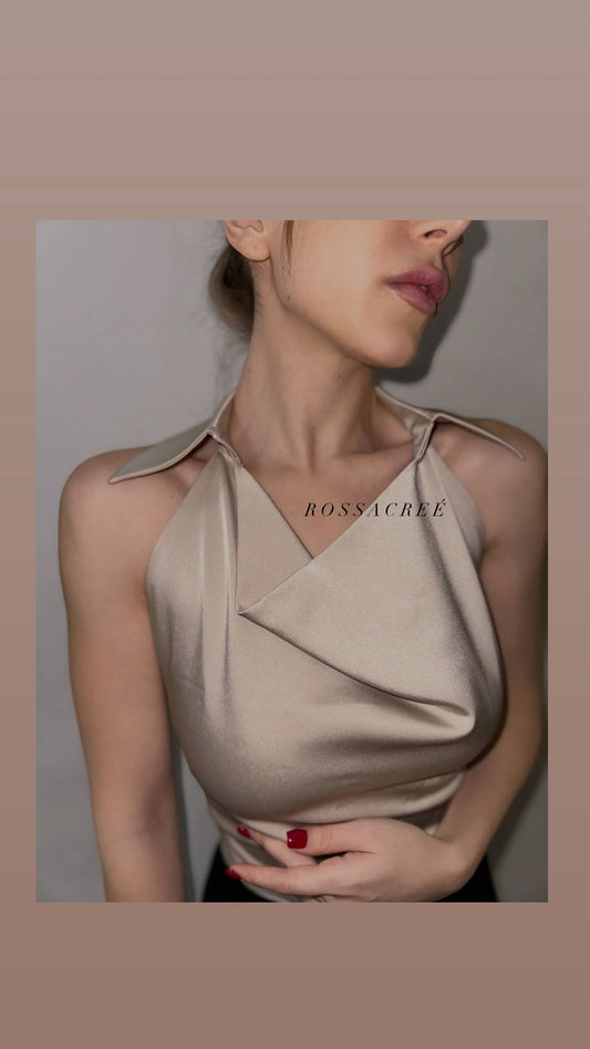 Champagne Satin Halter Top with Draped Neckline | Armenia
