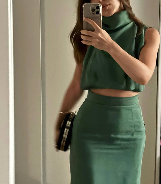 Dark Green Satin Two-Piece Skirt Set | Elegant Co-Ord Armenia