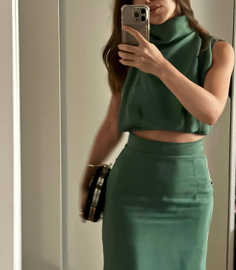Dark Green Satin Two-Piece Skirt Set | Elegant Co-Ord Armenia