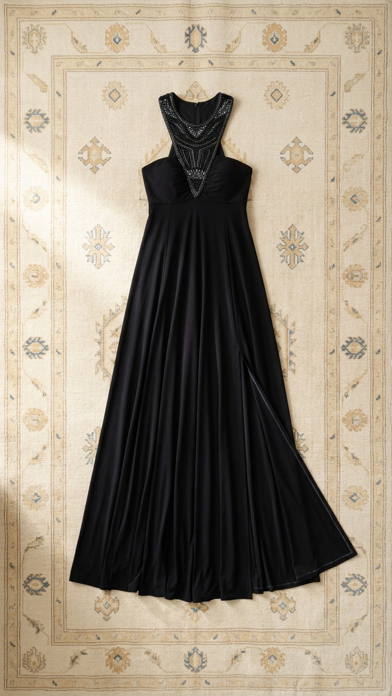 Black Halter Evening Gown with Beaded Neckline & Front Slit | Armenia
