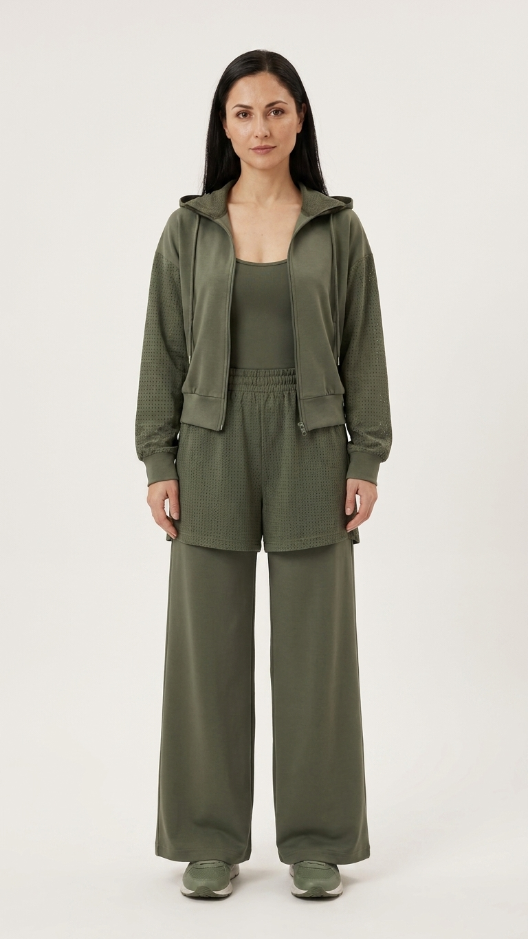 Moss Green Three-Piece Lounge Set – Hoodie, Tank Top & Wide-Leg Pants | Armenia