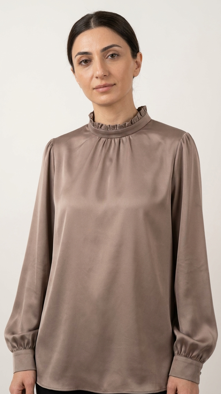 Elegant Satin Mock Neck Blouse with Long Sleeves | Armenia