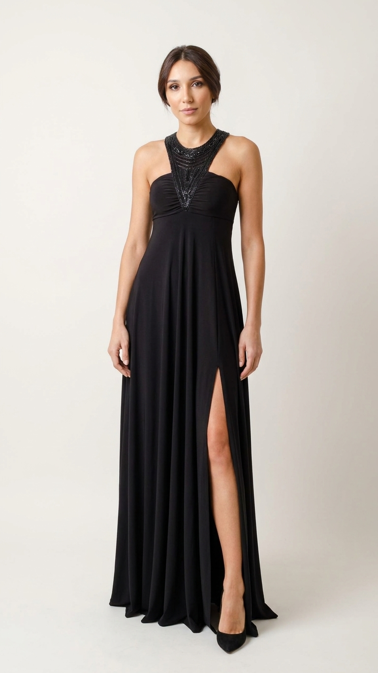 Black Halter Evening Gown with Beaded Neckline & Front Slit | Armenia