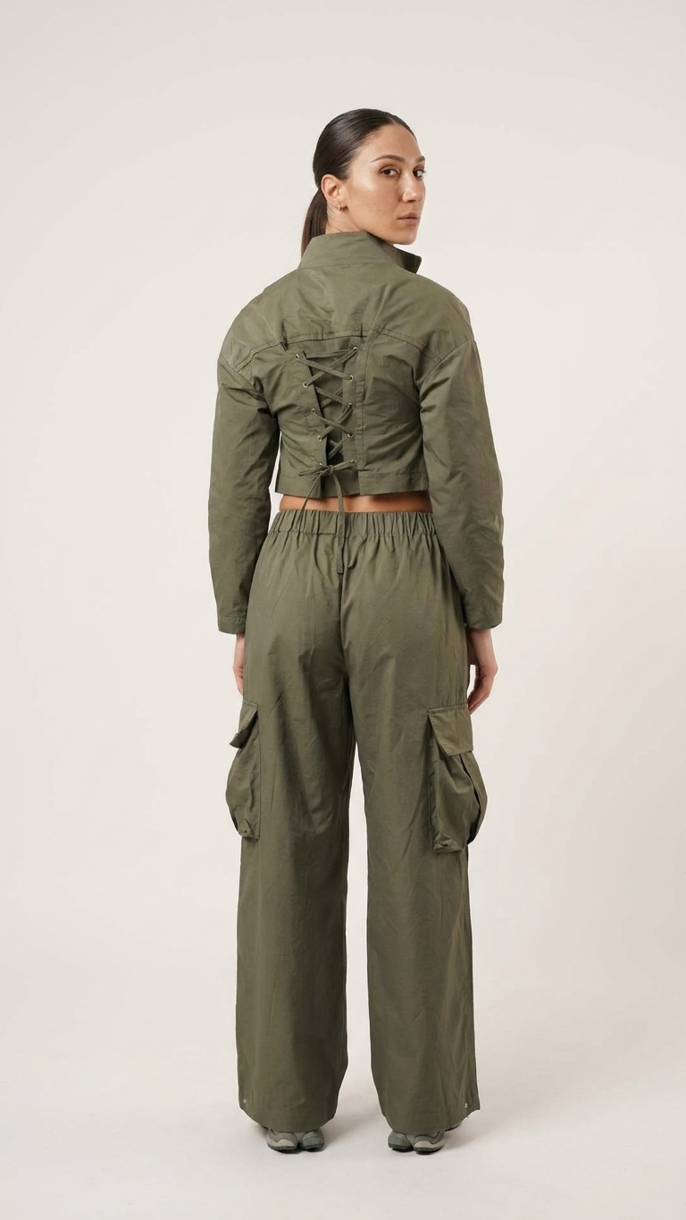 Khaki Cargo Co-Ord Set – Cropped Jacket & Wide-Leg Pants | Armenia