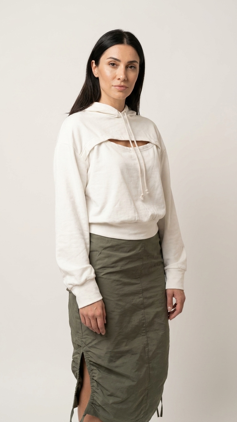White Cropped Hoodie & Ruched Cargo Midi Skirt Set | Armenia