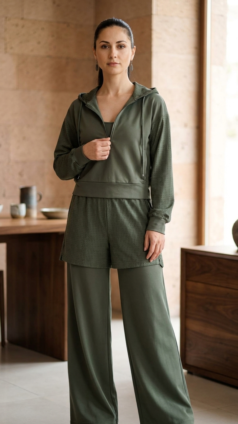 Moss Green Three-Piece Lounge Set – Hoodie, Tank Top & Wide-Leg Pants | Armenia