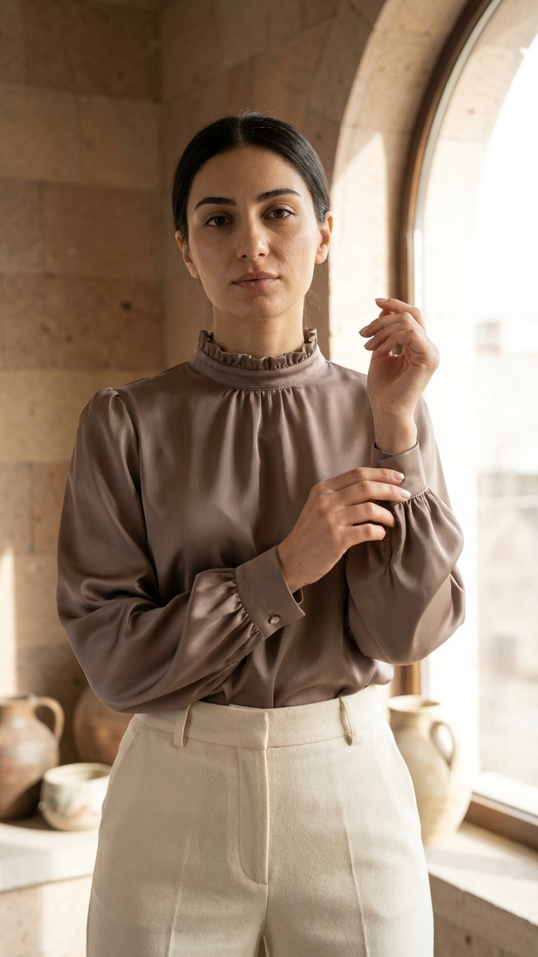 Elegant Satin Mock Neck Blouse with Long Sleeves | Armenia