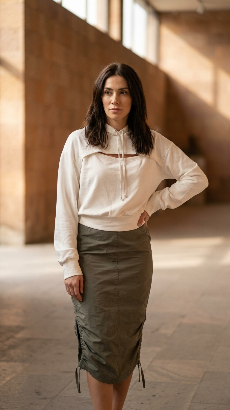 White Cropped Hoodie & Ruched Cargo Midi Skirt Set | Armenia