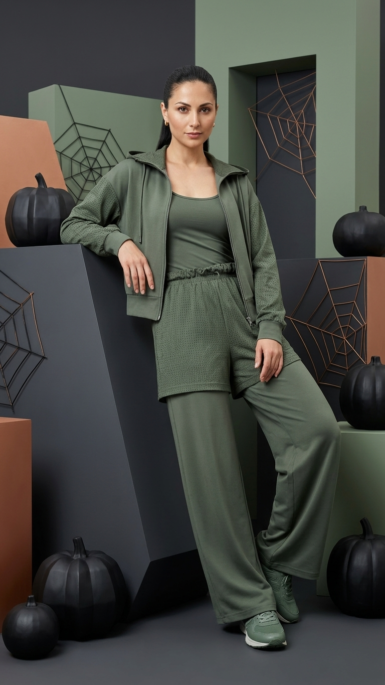 Moss Green Three-Piece Lounge Set – Hoodie, Tank Top & Wide-Leg Pants | Armenia