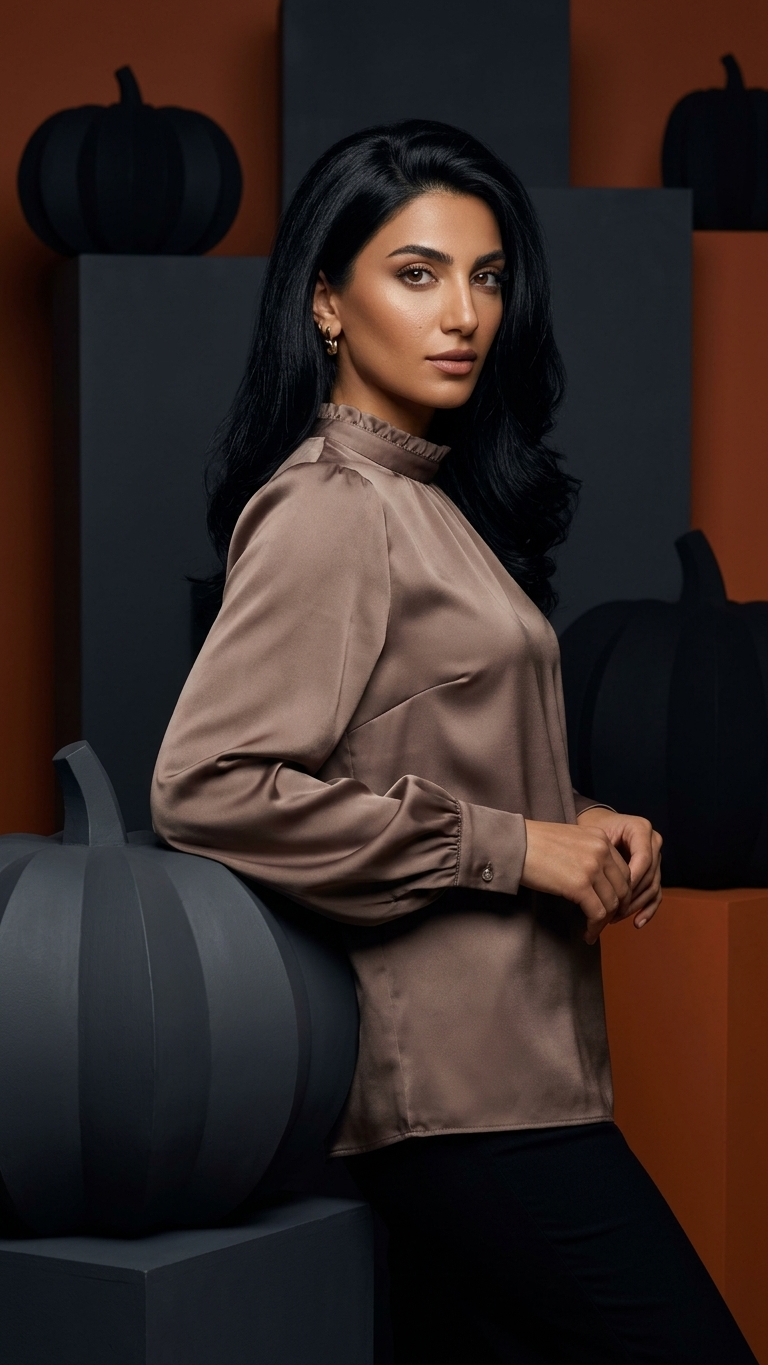 Elegant Satin Mock Neck Blouse with Long Sleeves | Armenia
