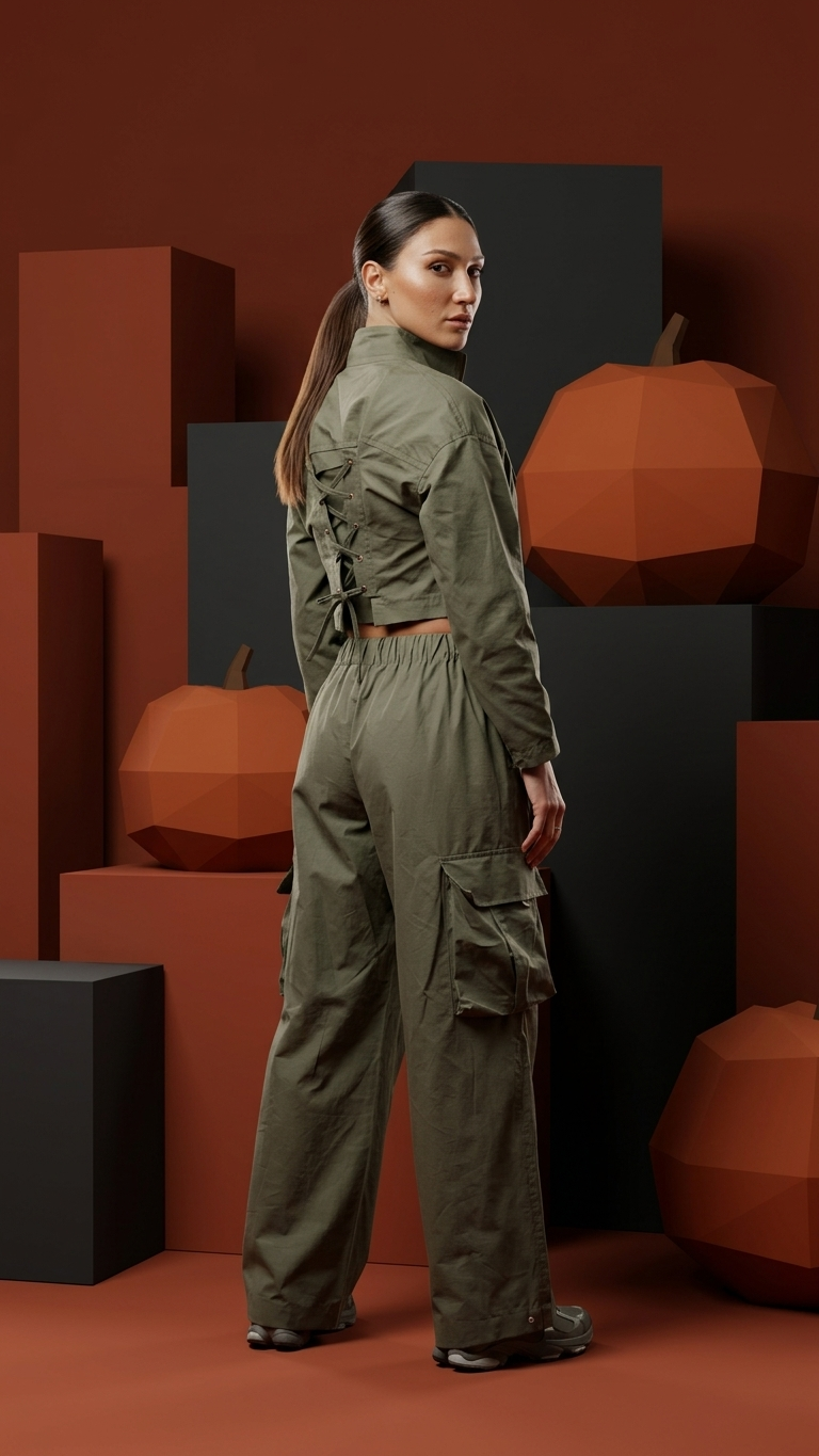 Khaki Cargo Co-Ord Set – Cropped Jacket & Wide-Leg Pants | Armenia