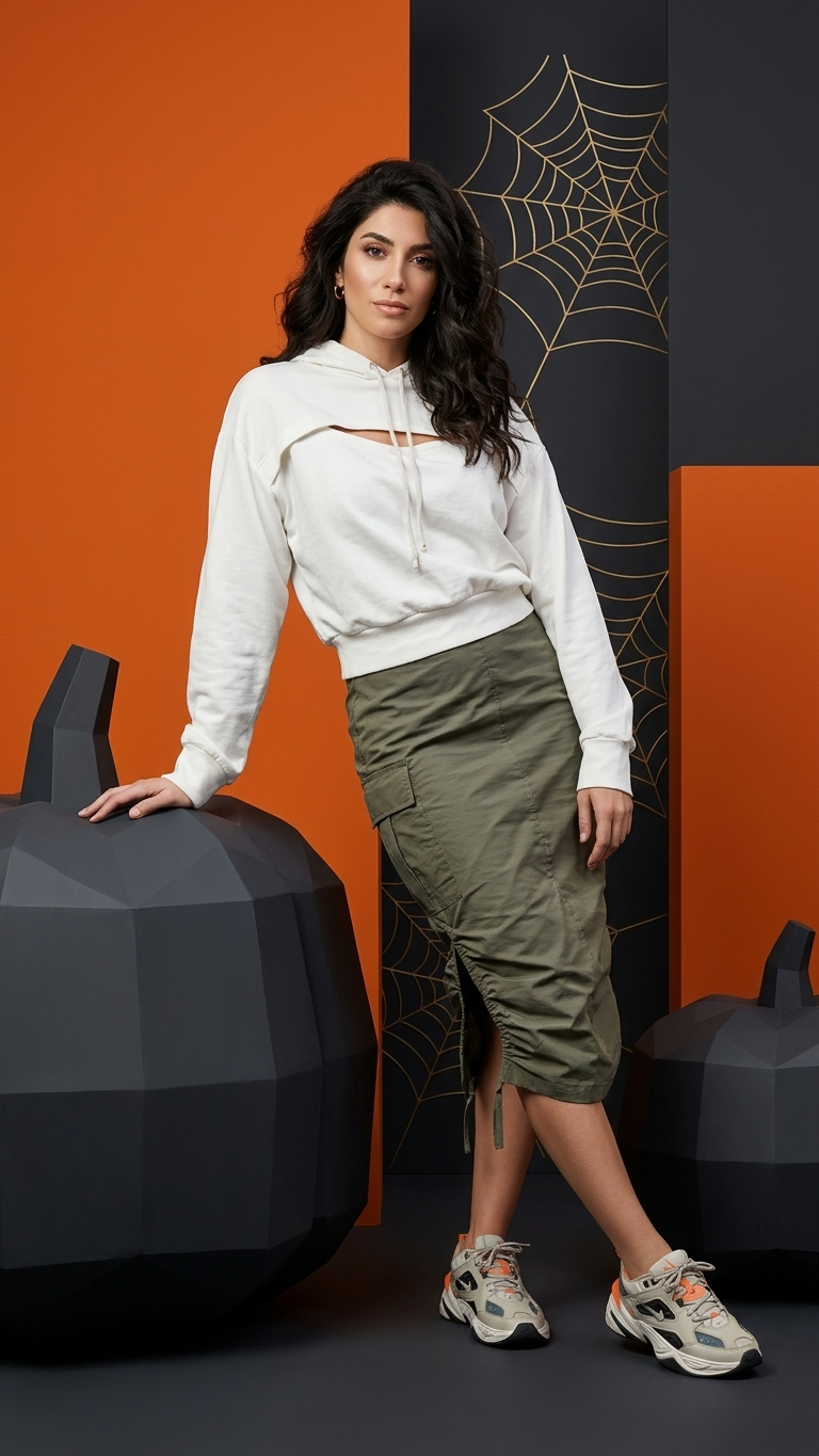 White Cropped Hoodie & Ruched Cargo Midi Skirt Set | Armenia